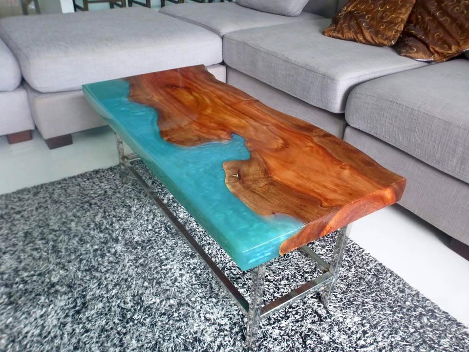 Blue-teal epoxy resin and tamarind wood coffee table