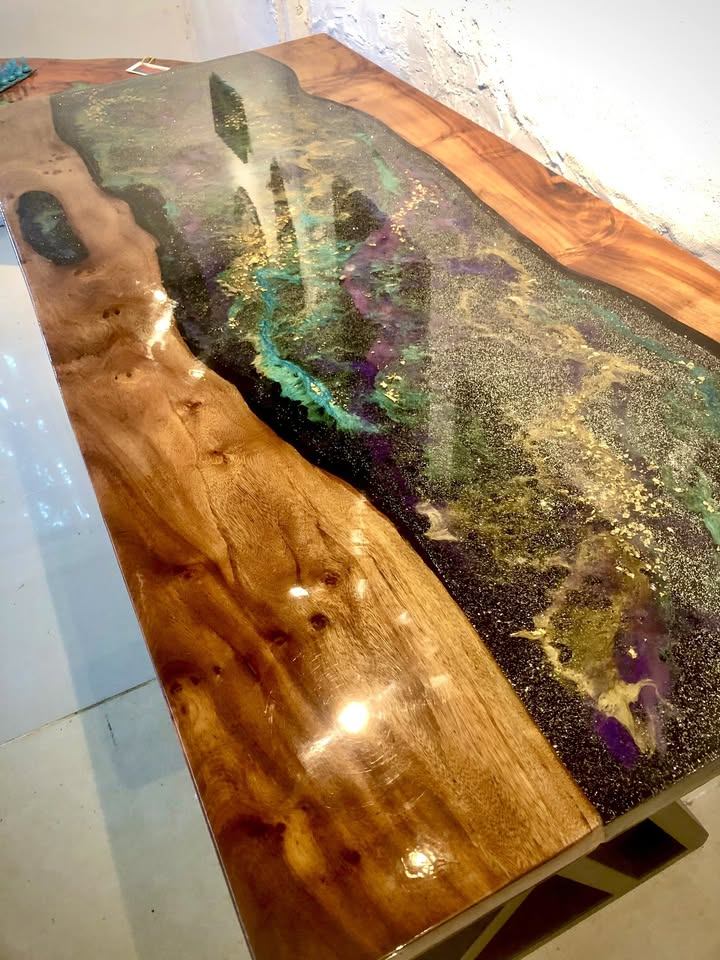 Galaxy resin and wood dining table, black metal legs